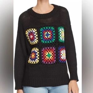 Aqua by Bloomingdale’s Black Colorful Granny Square Crochet Grandma Sweater